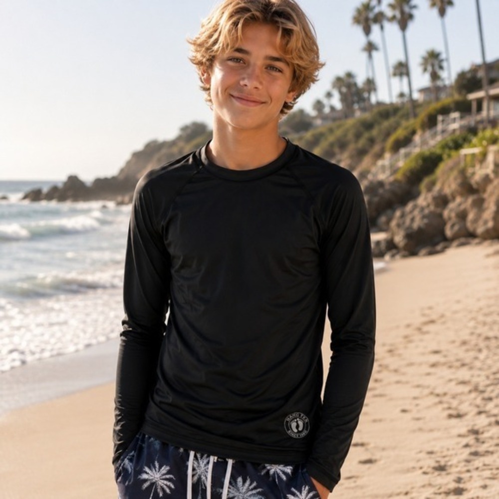Hang Ten Rashguard Boys Size L 14/16 Black Long Sleeve UPF 50+ Swim Shirt